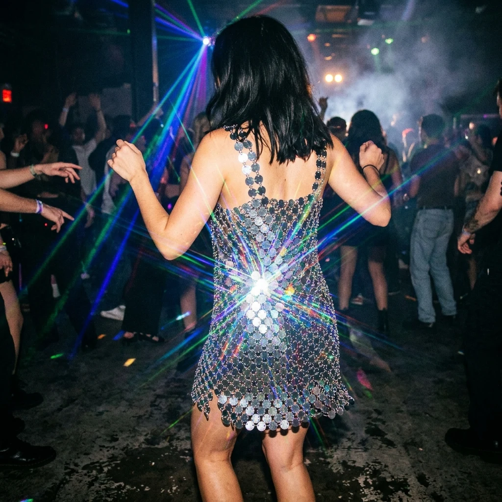 A metallic silver chainmail mini dress reflecting multi-colored laser beams on a dark…