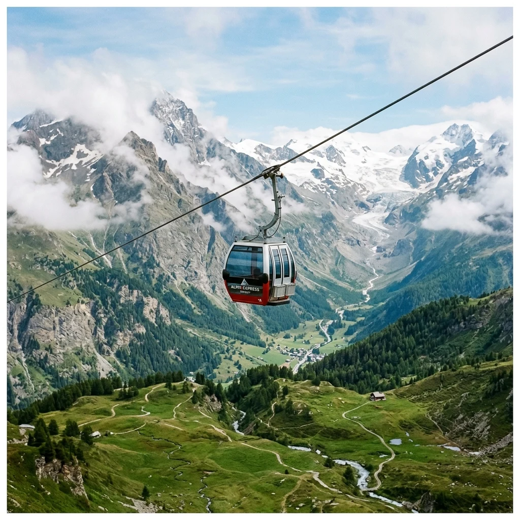 An alpine cable car gondola suspended high above a glacier-carved valley floor