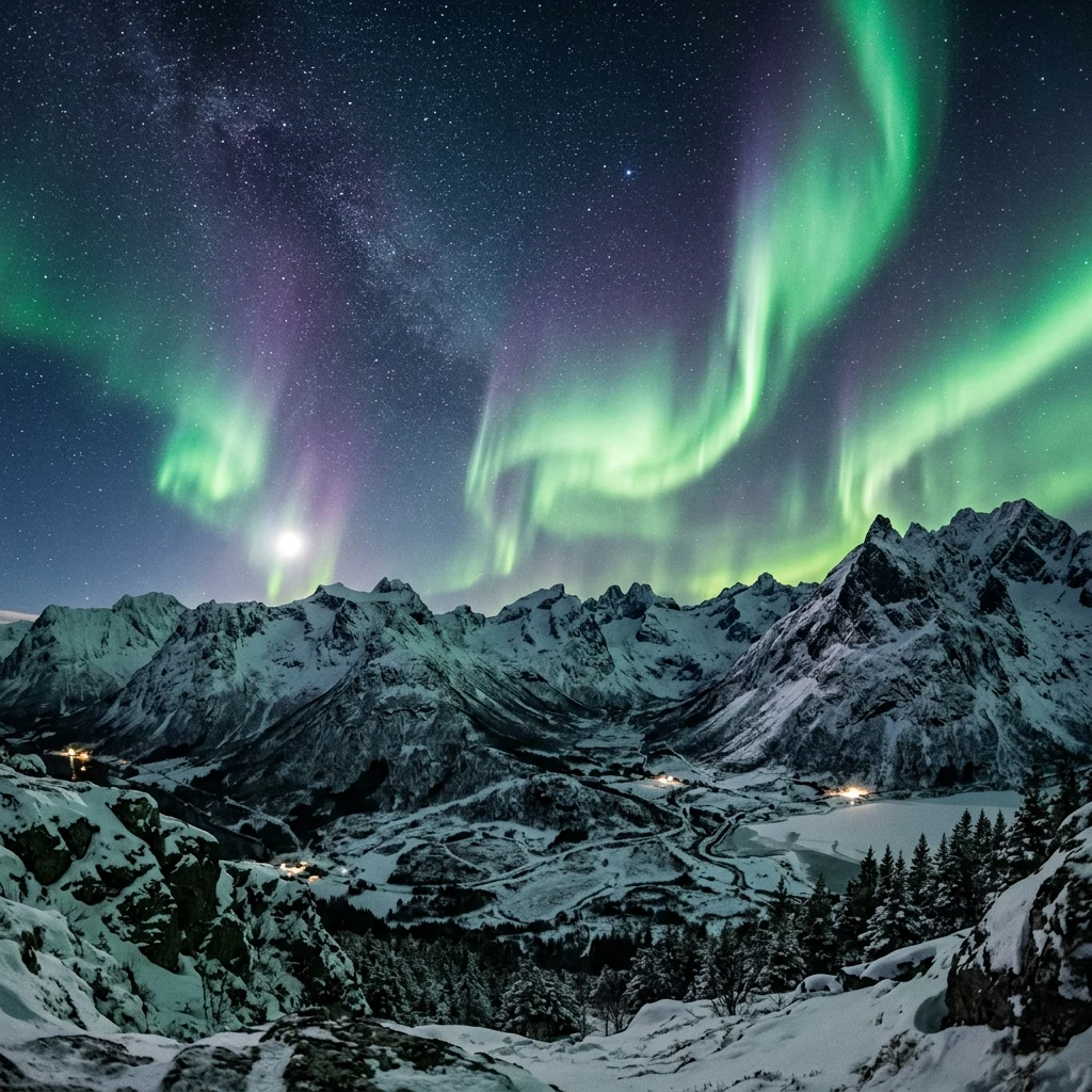 Green northern lights dancing in swirling curtains above the snow-capped peaks of the…