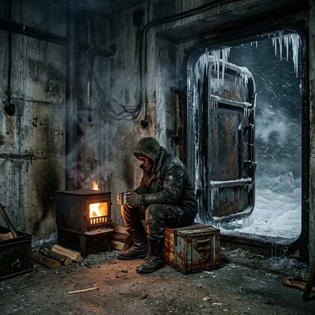 A survivor sitting by a small wood-burning stove inside a subterranean bunker entrance