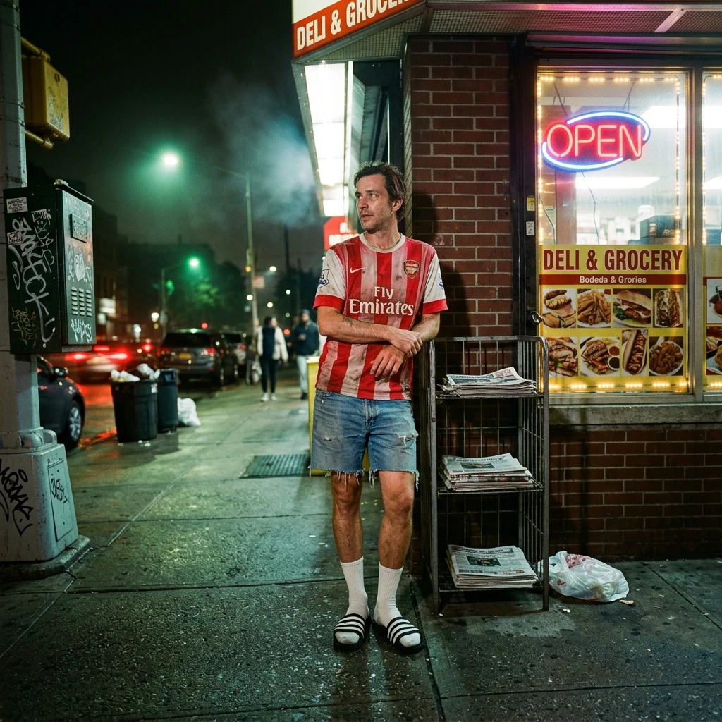 Person standing outside a city bodega at night