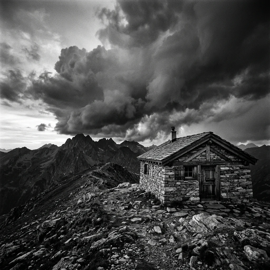 Stone refuge hut on a stormy mountain ridge