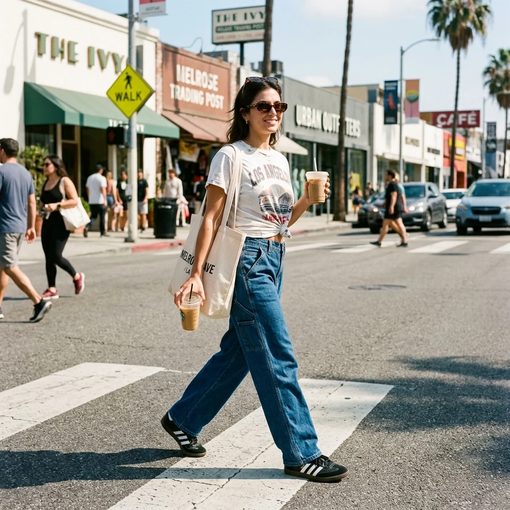 A woman in an oversized vintage tee knotted at the hip