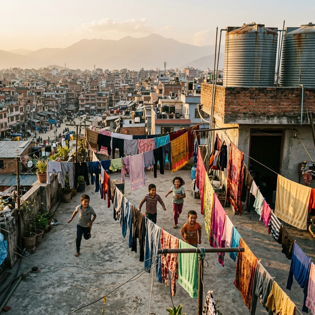 A rooftop playground area where children play games among drying clothes and water…