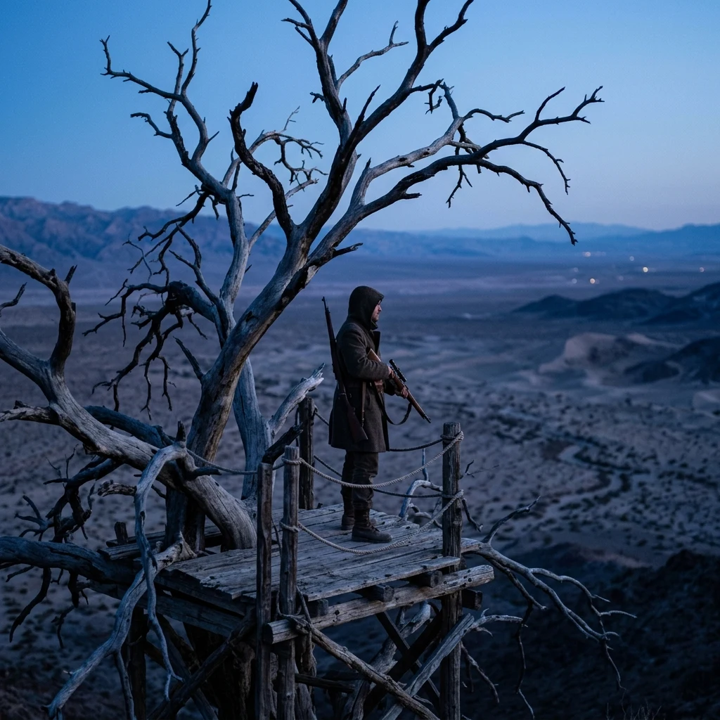 Sentry in a treehouse at twilight