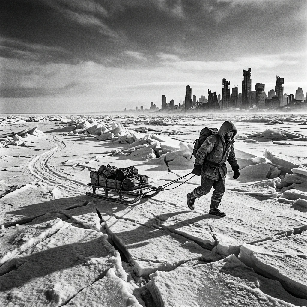 Traveler pulling a sled across frozen plains