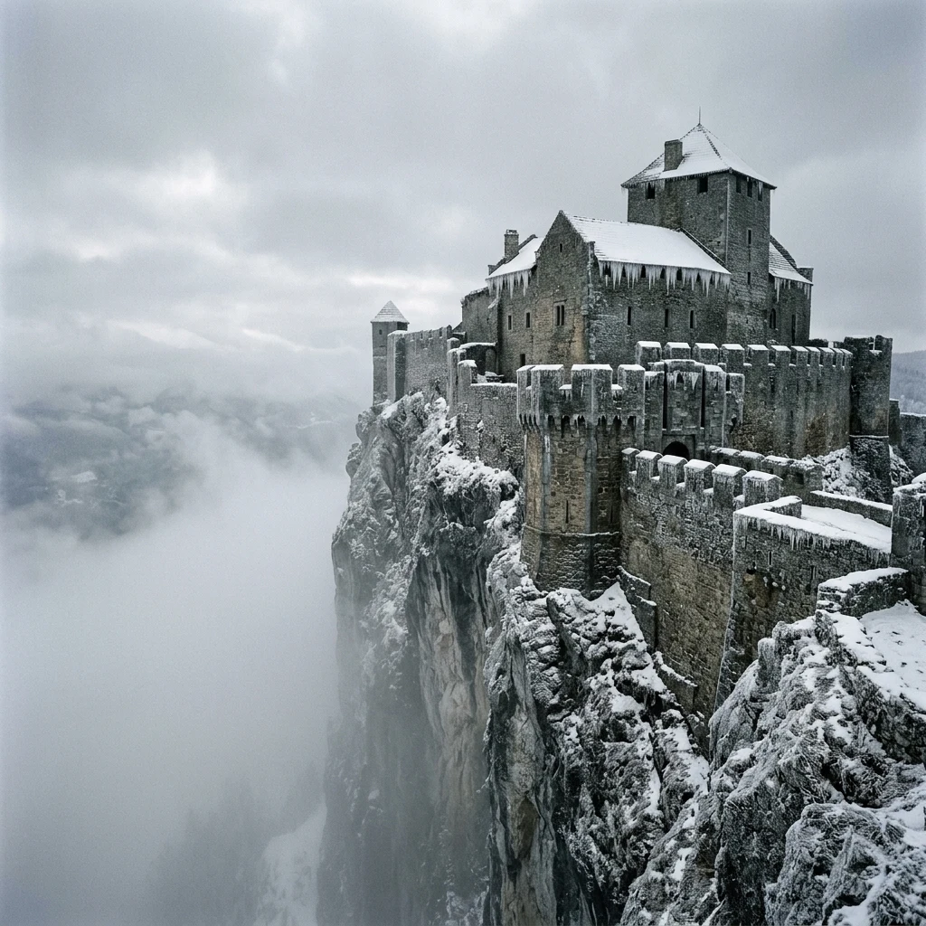 An ancient stone castle perched on a snow-dusted cliff ledge