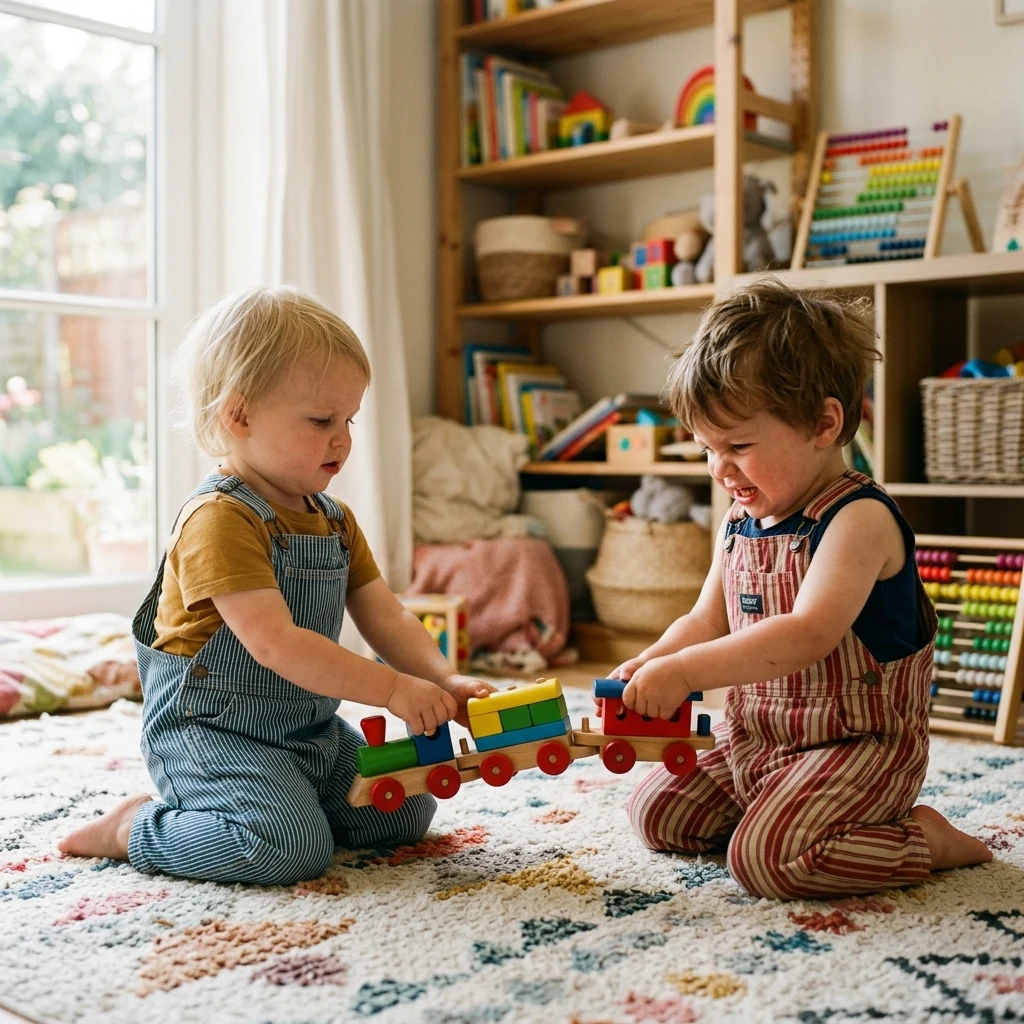 Fraternal twin toddlers in overalls tugging at opposite ends of a wooden toy train on a…