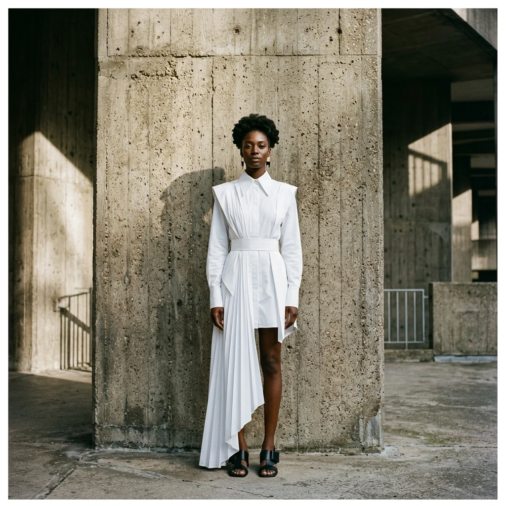 A modern architectural shirt-dress in crisp white poplin with asymmetrical pleated…