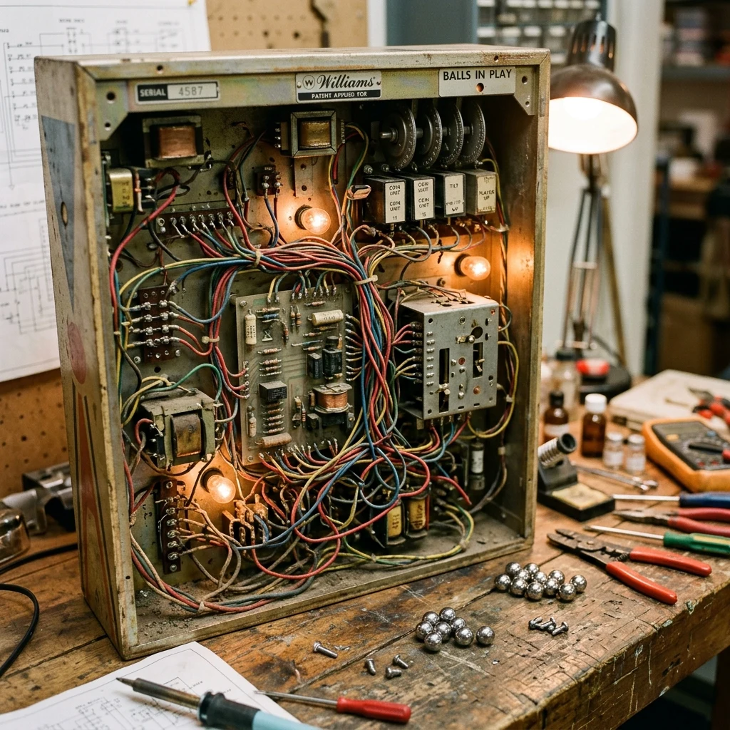 A vintage pinball repair workshop bench