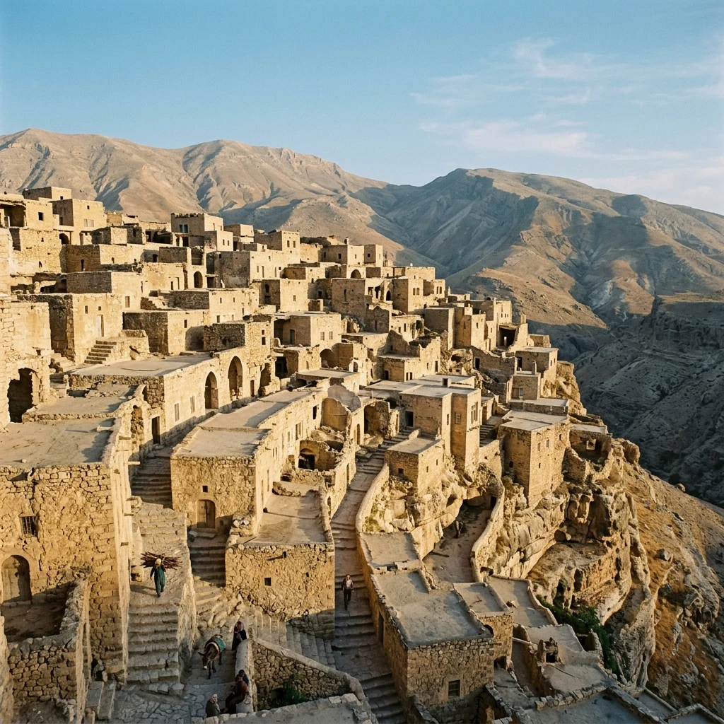 An ancient stone village built into the stepped limestone cliffs of the Zagros Mountains