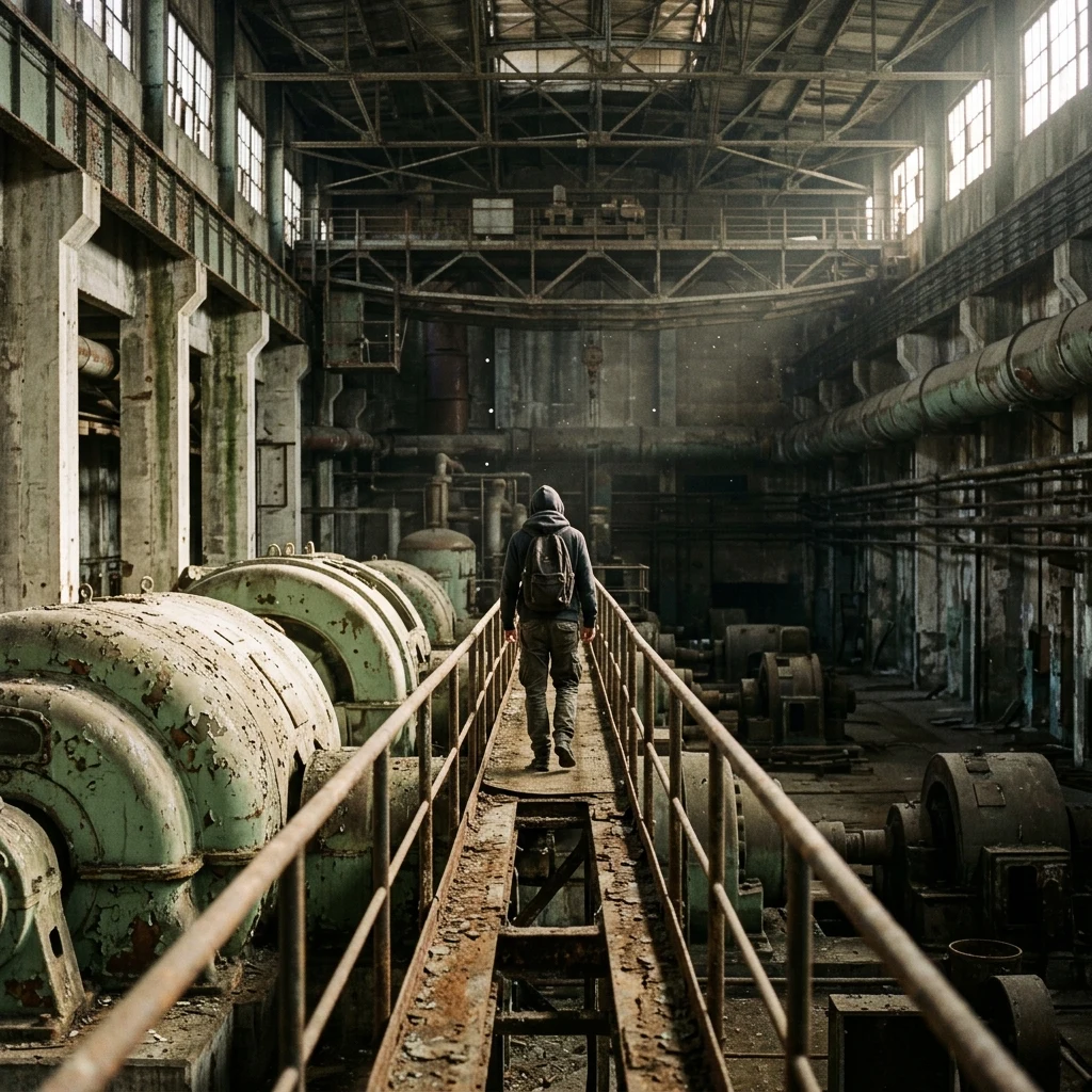 A solitary survivor walking along a rusted catwalk inside a cathedral-like power plant…