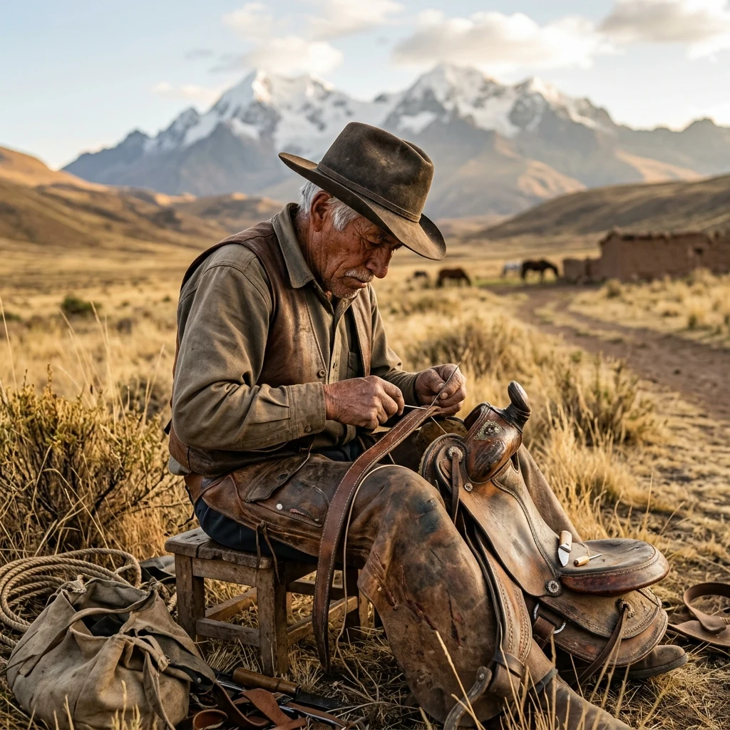 An elderly Chilean vaquero in a felt hat and leather chaps mending a saddle on a…