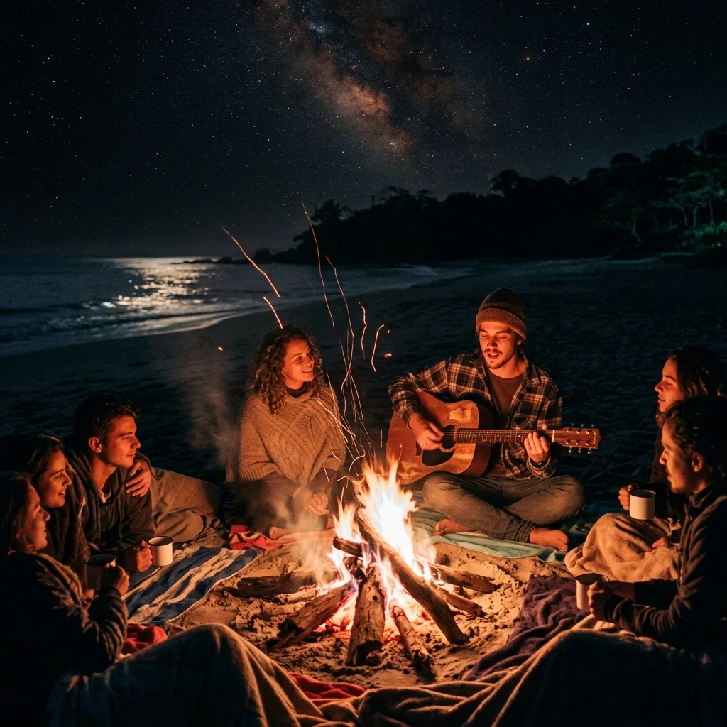 Friends playing music by a beach bonfire