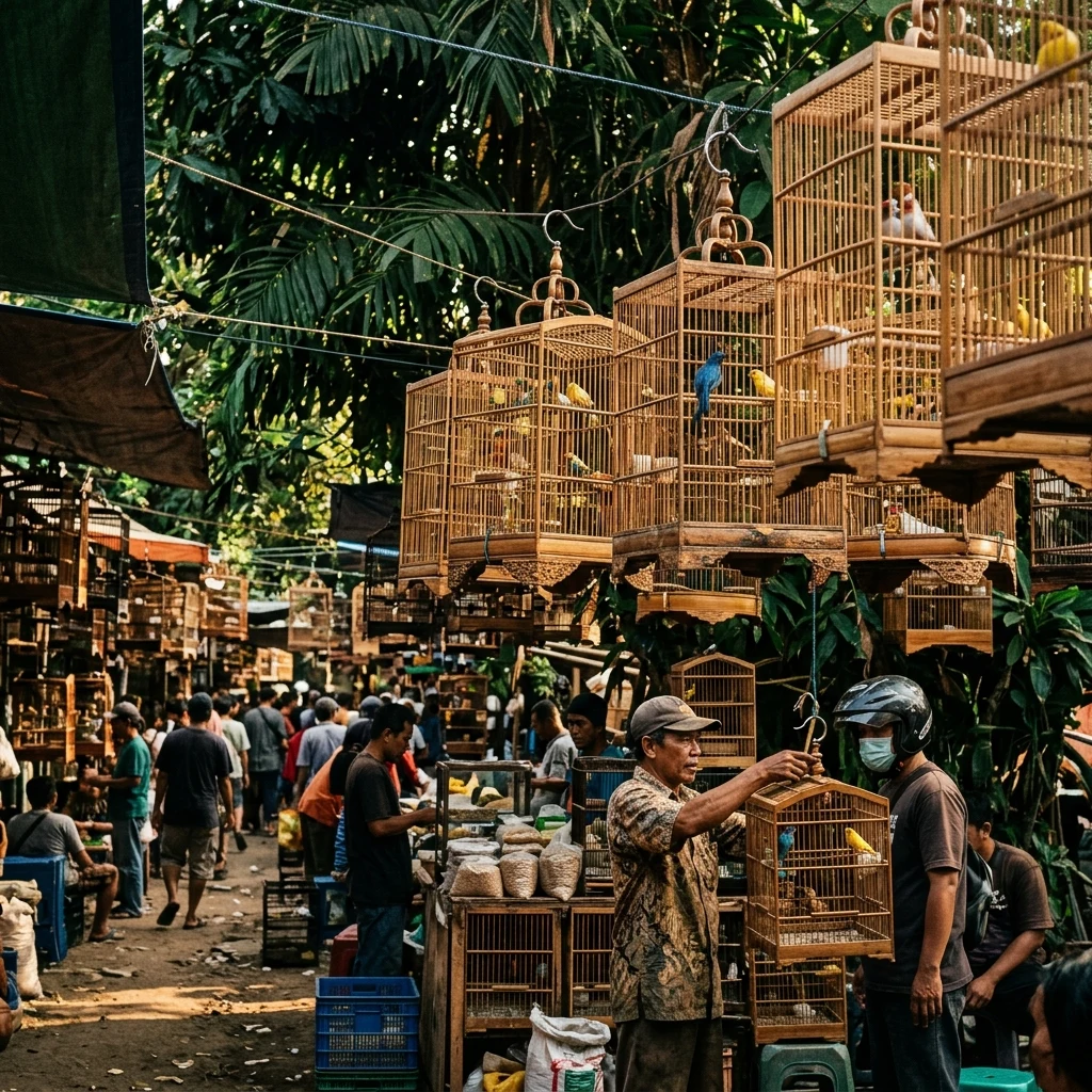 A bird market in Jakarta with hundreds of ornate bamboo cages suspended overhead