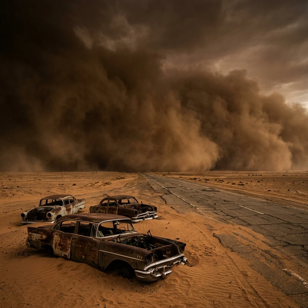 Dust storm approaching a desert highway