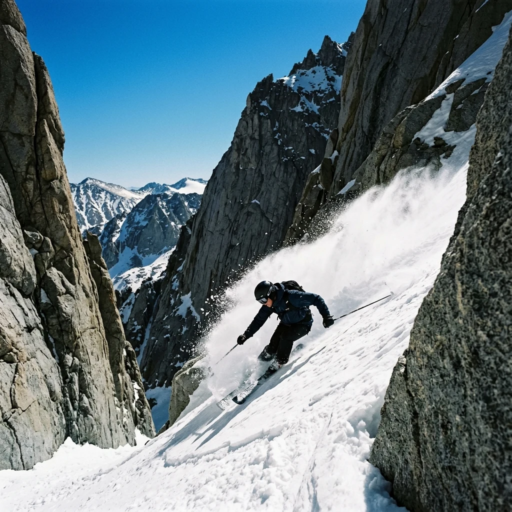 Skier carving through deep mountain snow