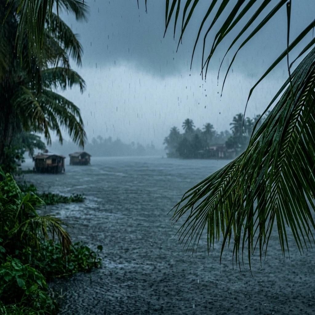 A monsoon downpour over a Kerala backwater