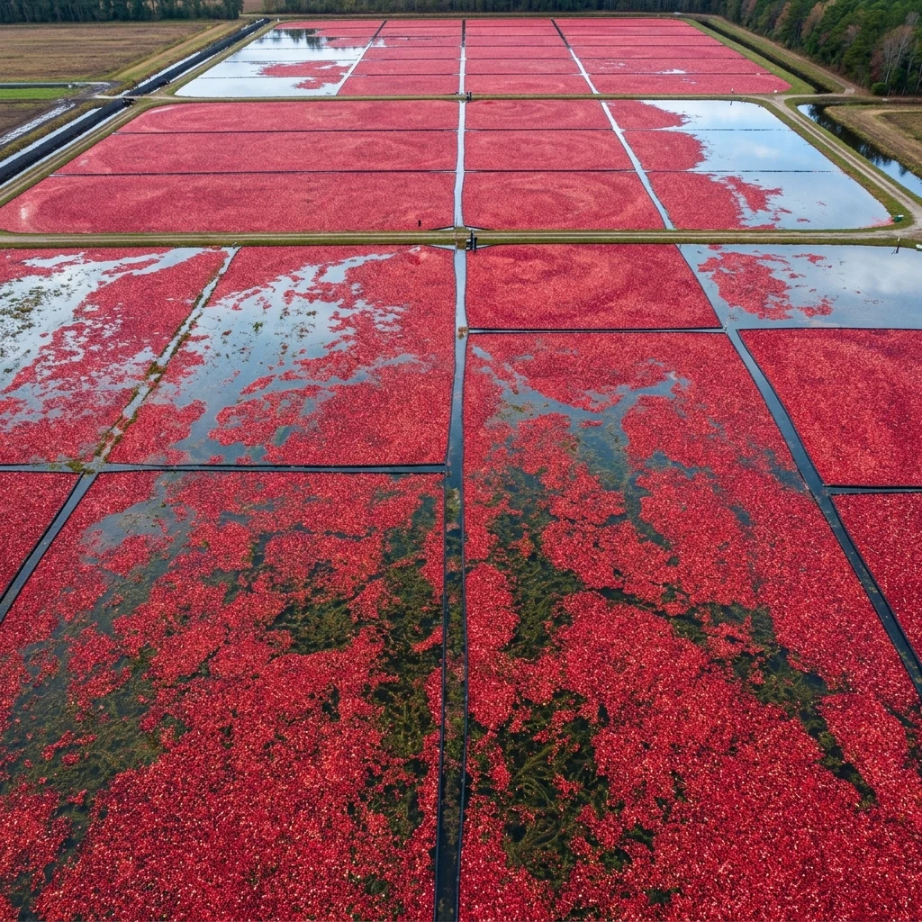 A flooded cranberry bog at harvest photographed straight down from a drone
