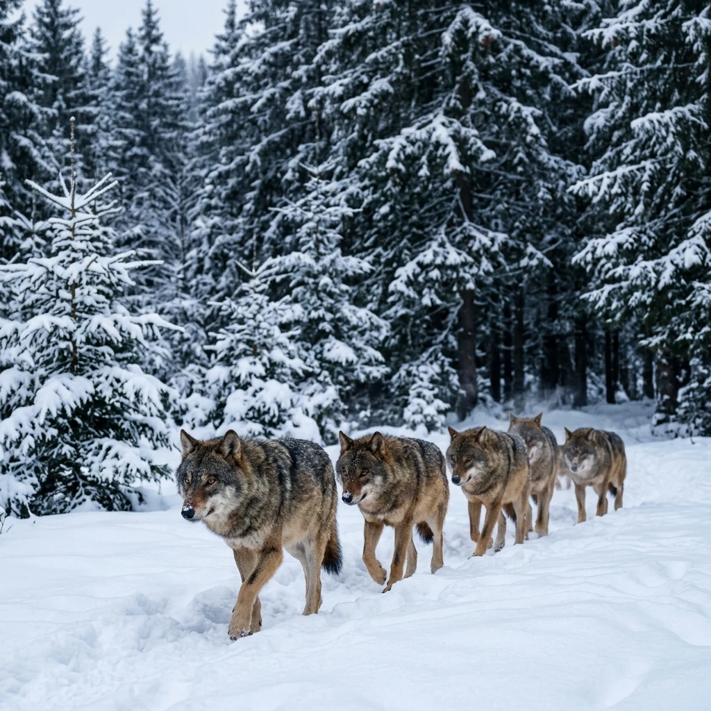 A pack of wild timber wolves moving through a snow-covered pine forest in the Carpathians