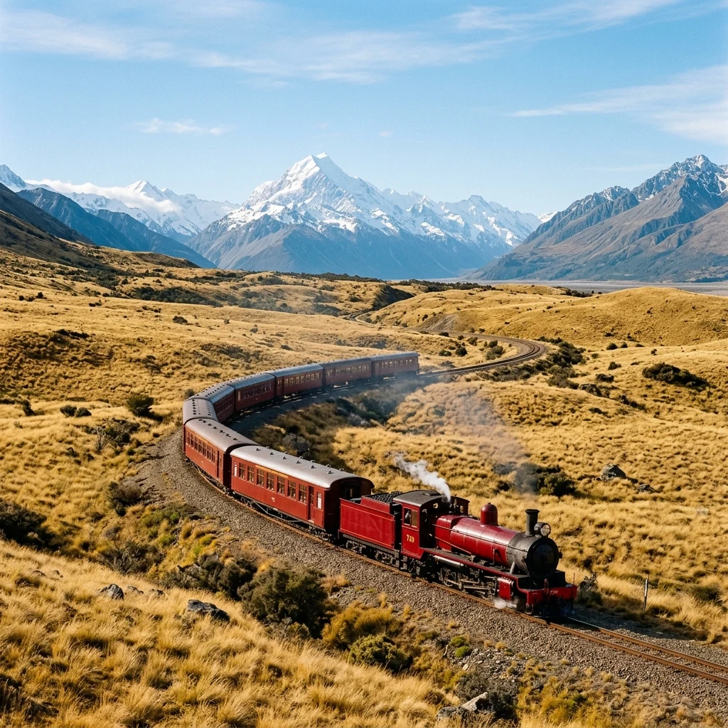 Vintage train traveling through mountain foothills