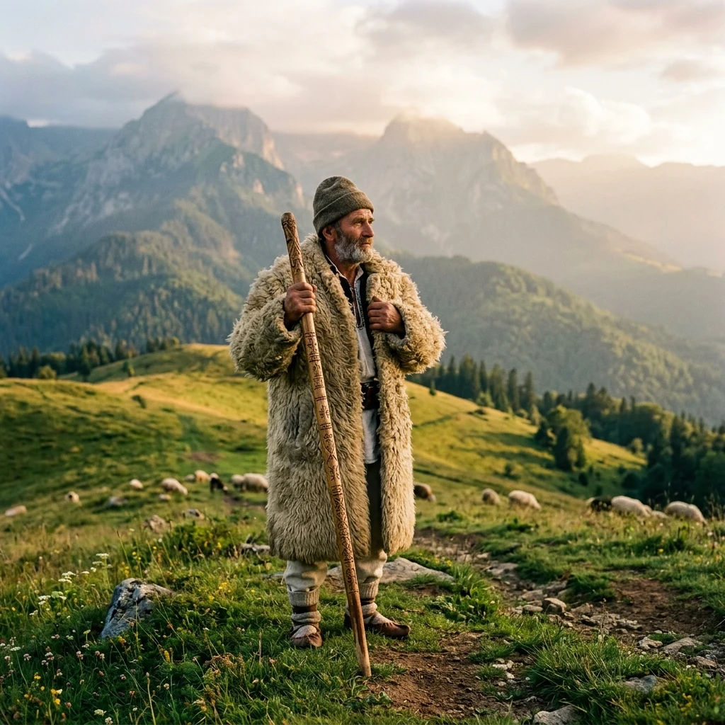 A shepherd in a heavy sheepskin coat standing on a grassy meadow in the Romanian…