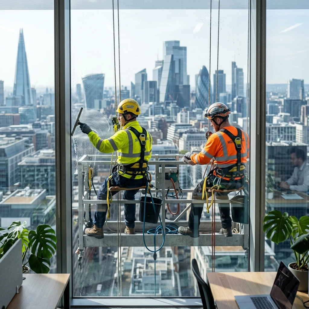 Window washers working on a tall building