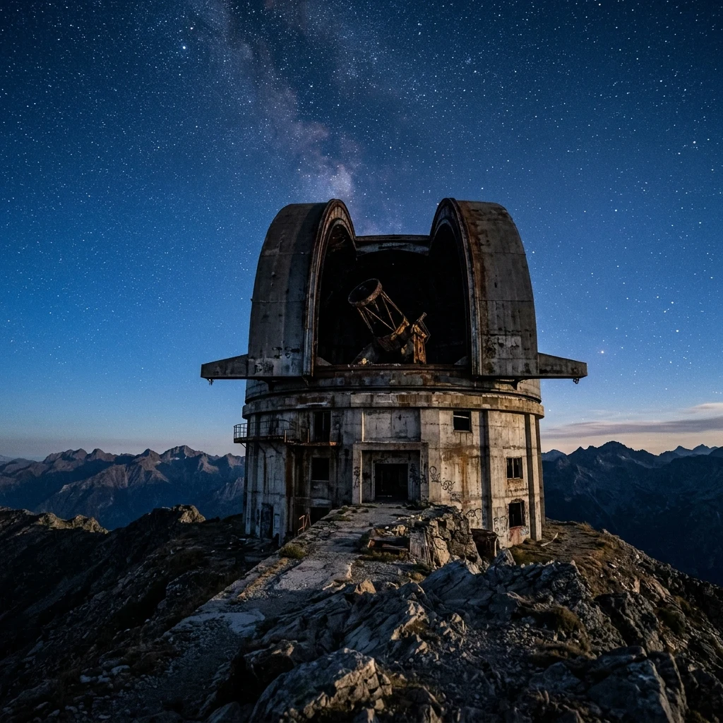 Abandoned observatory under a starry sky
