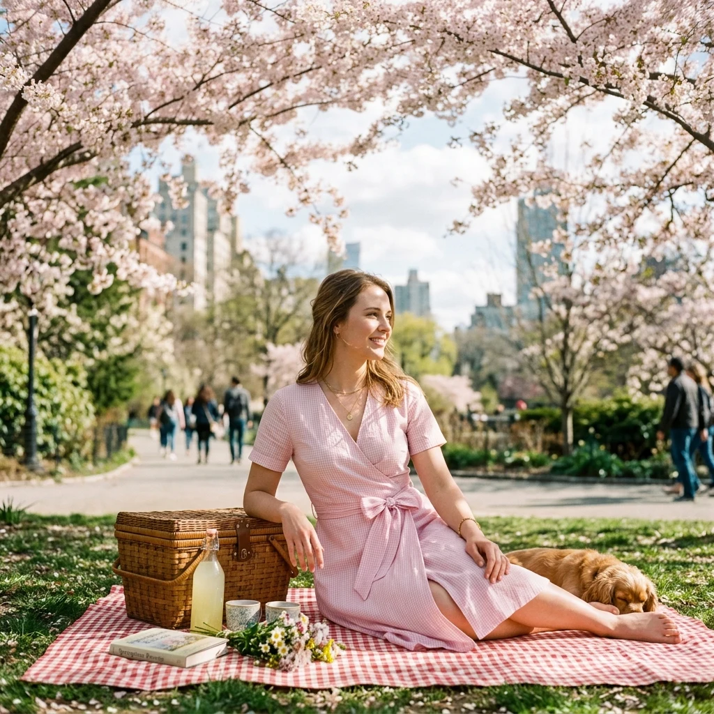 A breezy pastel pink gingham wrap dress tied at the waist