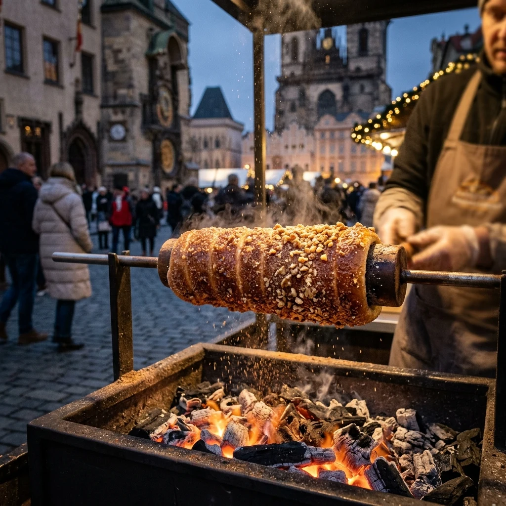 Warm chimney cake at an evening market