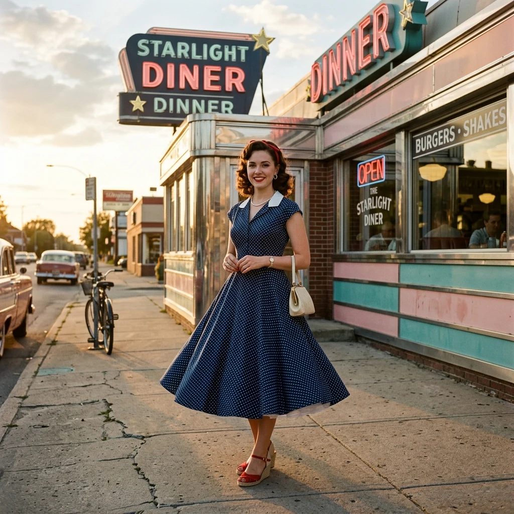 A 1950s-inspired tea-length A-line dress in navy polka dots with a petticoat underlayer