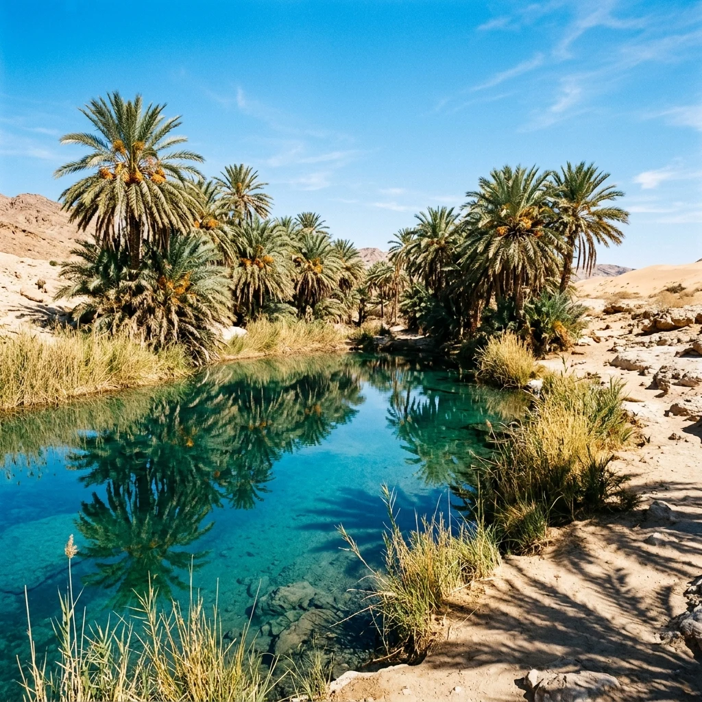 A natural oasis pool encircled by date palms and tall reeds under a scorching afternoon…
