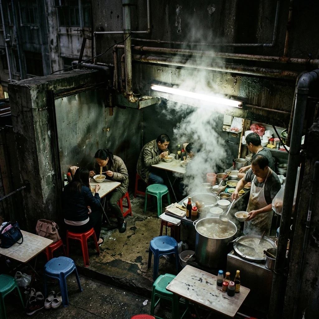 A small noodle shop tucked into a concrete recess inside Kowloon Walled City
