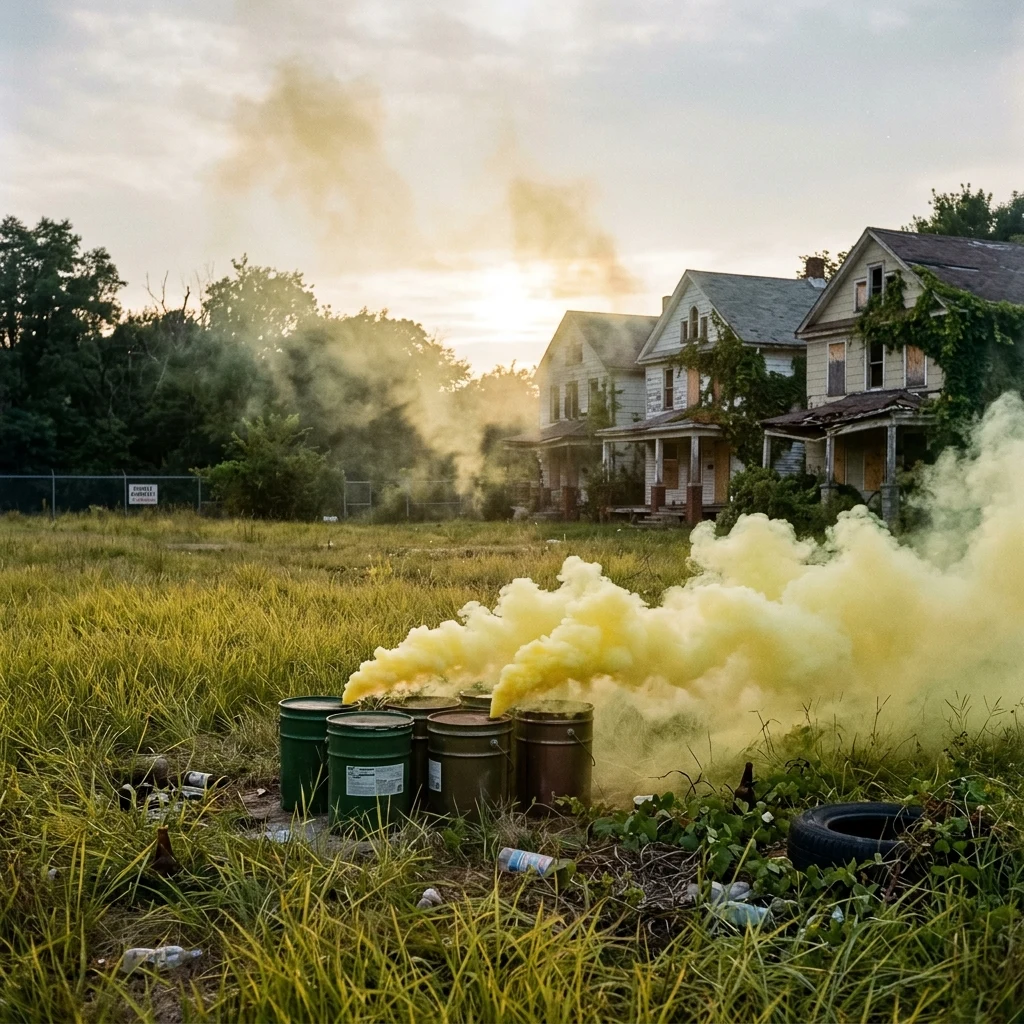 Yellow smoke drifting through an abandoned park