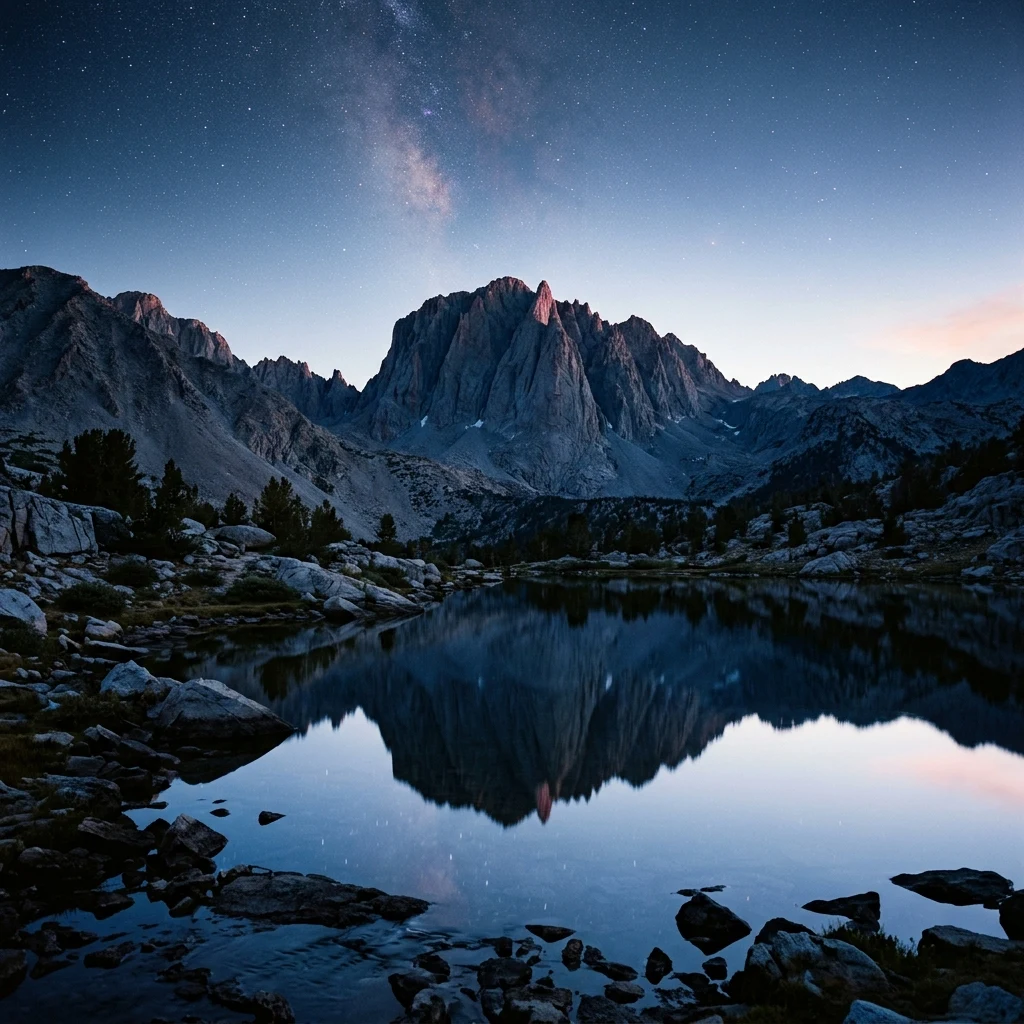 Reflections of Mount Whitney in a still alpine lake in the Sierra Nevada at blue hour