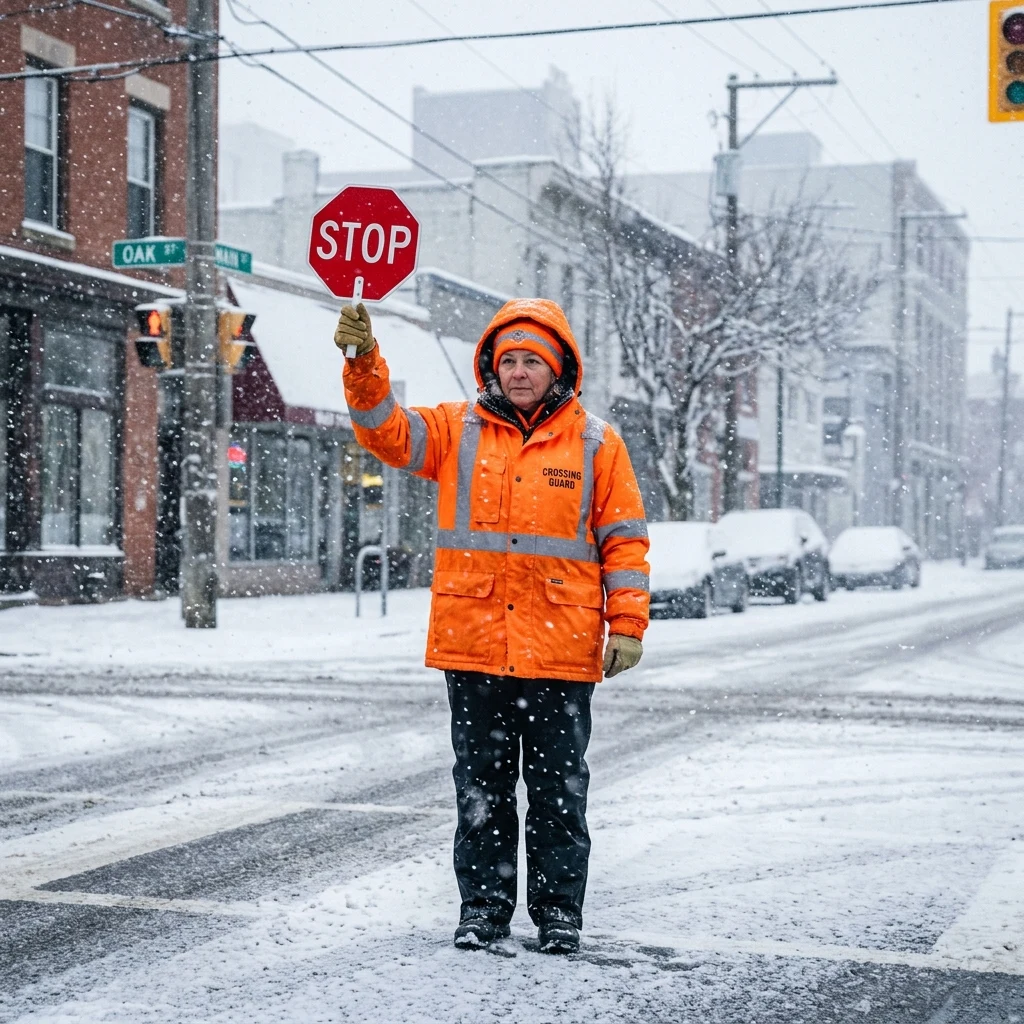 A school crossing guard in high-visibility gear standing in blowing snow