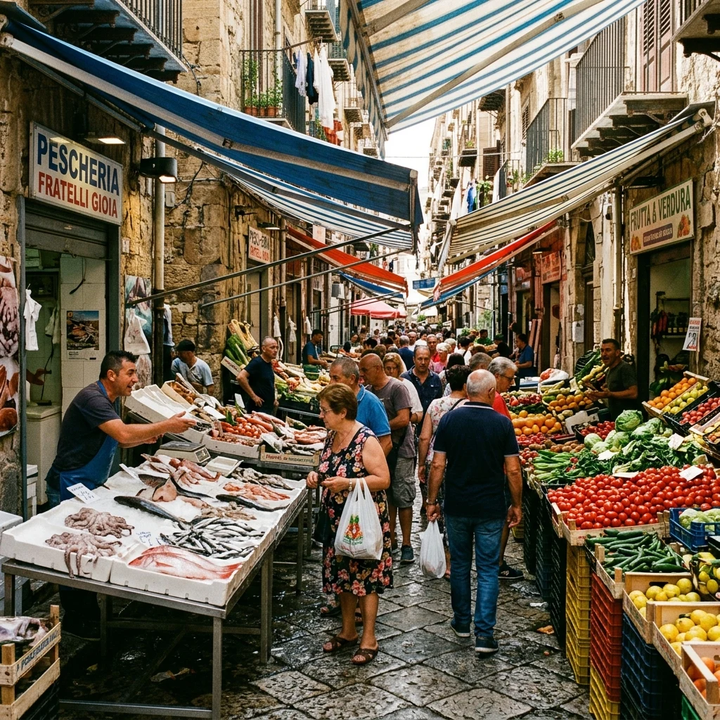 A bustling fish and vegetable market in Palermo