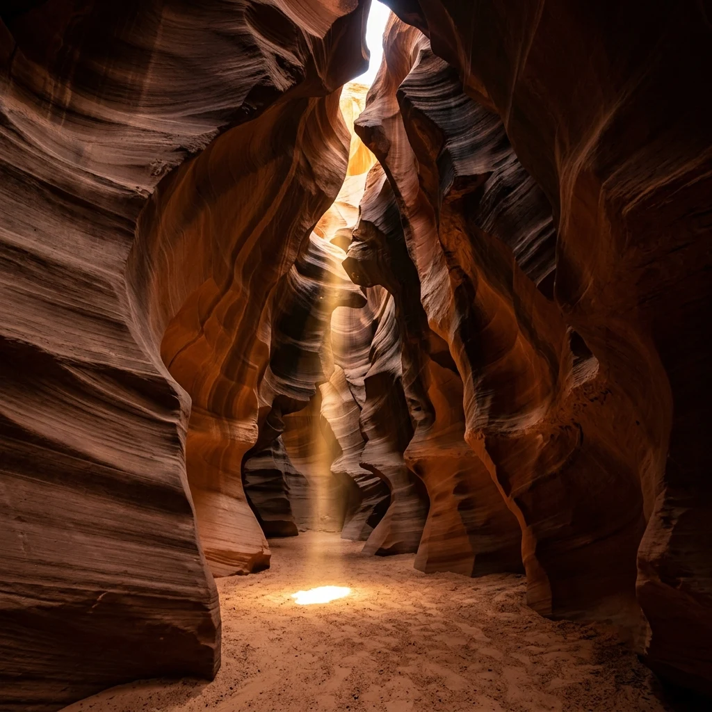 Sunlight hitting a narrow desert canyon