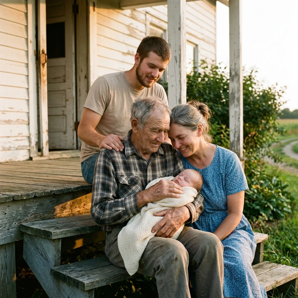 Family gathered on a sunny farmhouse porch