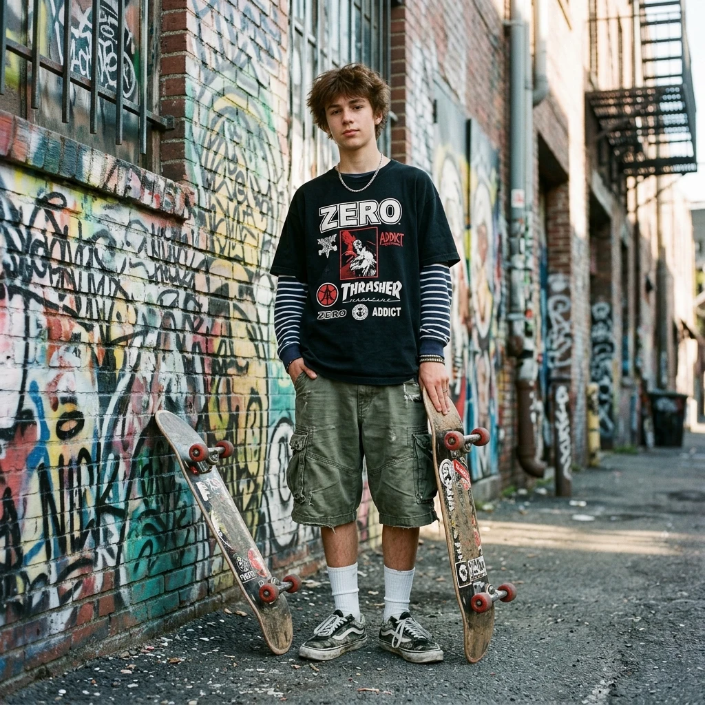 Skater resting in a sunny alleyway