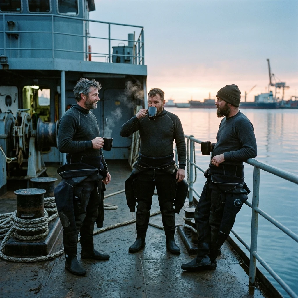 Workers sharing coffee on a harbor boat