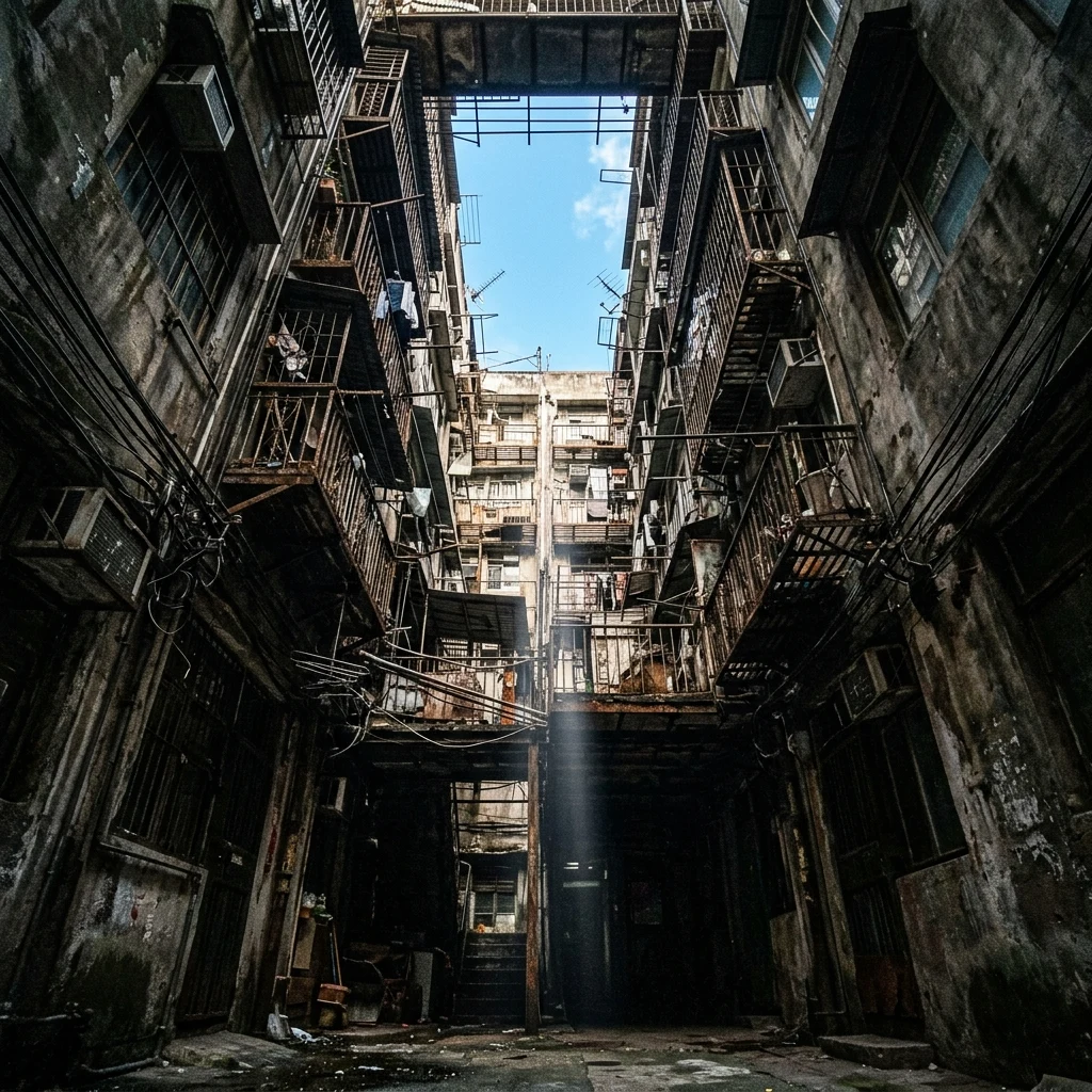 A low-angle view looking straight up from an inner lightwell inside Kowloon Walled City