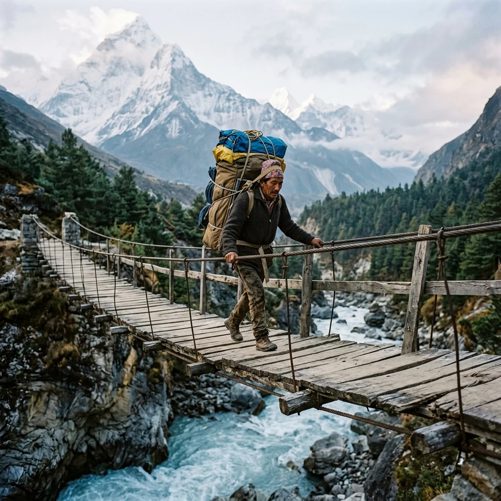 Porter crossing a bridge over a river