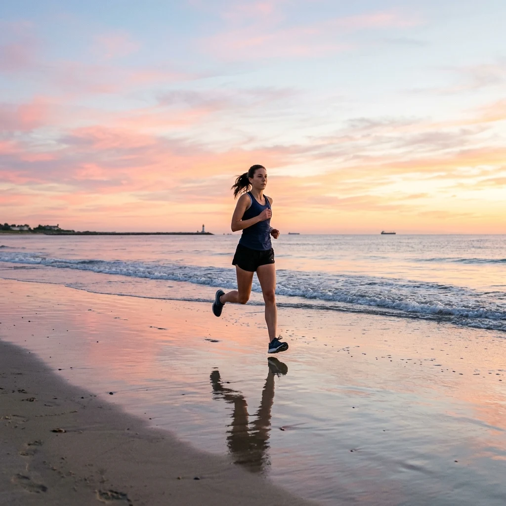 Runner on the beach at sunrise
