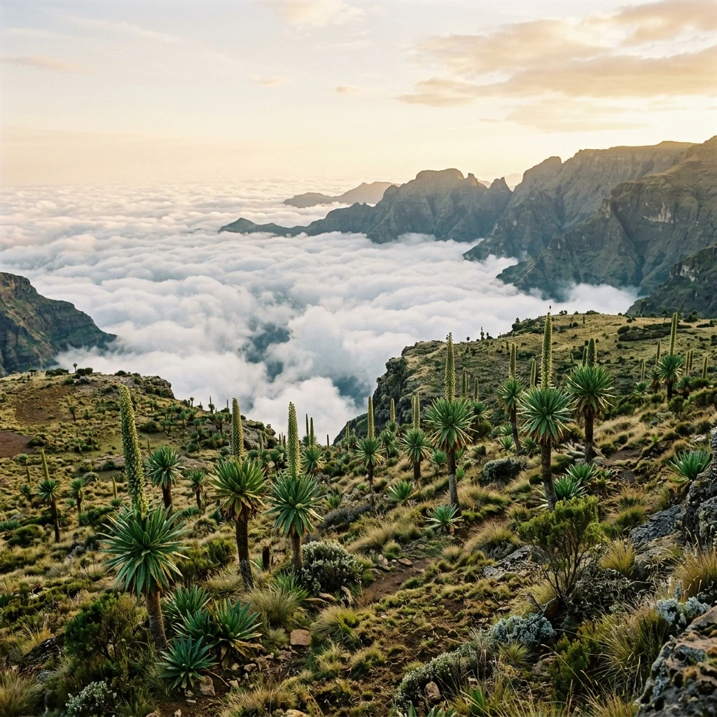 Epic landscape shot of giant lobelia plants standing like sentinels on a high-altitude…