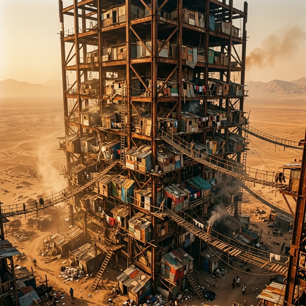 Makeshift dwellings on a rusted skyscraper