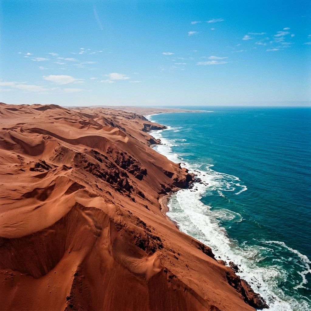 An aerial view of the stark desert beaches of the Andes meeting the Pacific