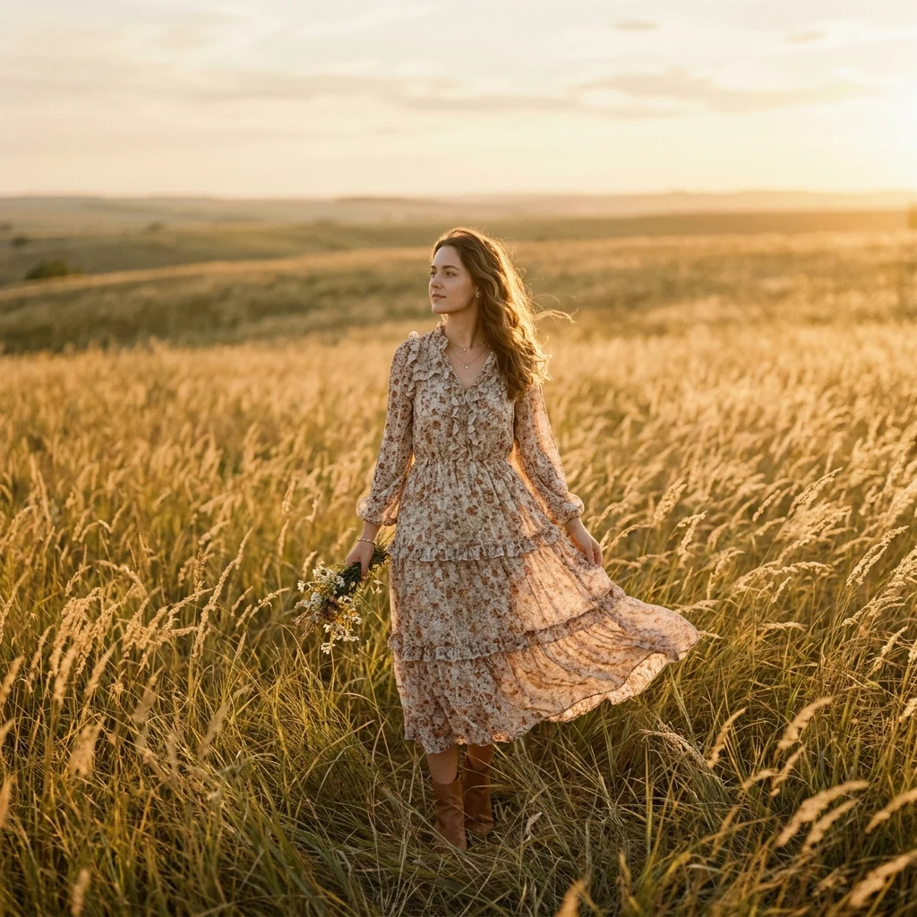 A bohemian tiered prairie dress in a muted ditsy-floral chiffon