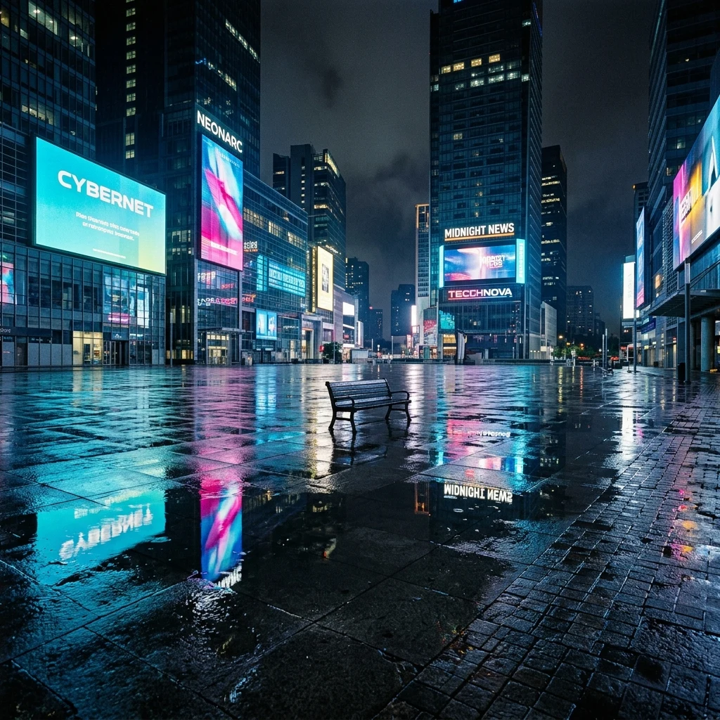 An empty city plaza at 3 a.m. after heavy rain