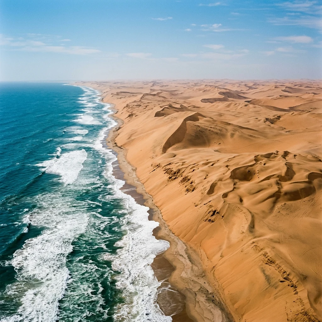 An aerial drone photograph of the dramatic Skeleton Coast of Namibia